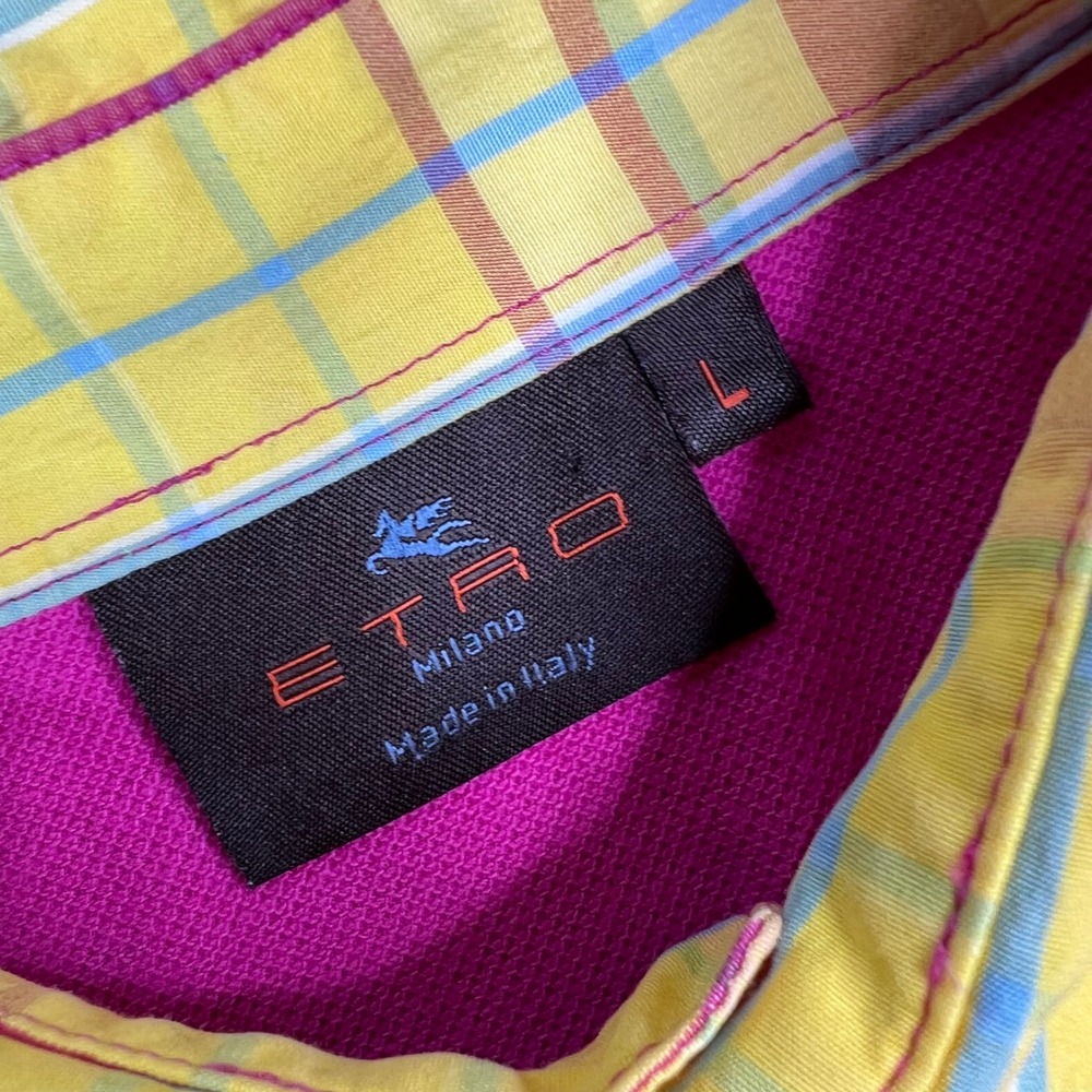 Etro Milano Polo Shirt Mens Large Pink Plaid Contrast Collar Pique Made in Italy - Picture 7 of 10